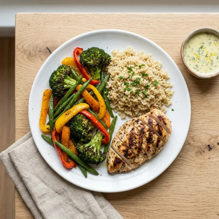 Dinner plate divided into sections showing the high protein low calorie plate formula with chicken breast, quinoa, and roasted vegetables