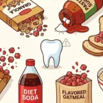 Illustration of everyday foods including yogurt, granola, and pasta sauce with hidden sugar crystals spilling out, surrounding a white tooth with a warning symbol