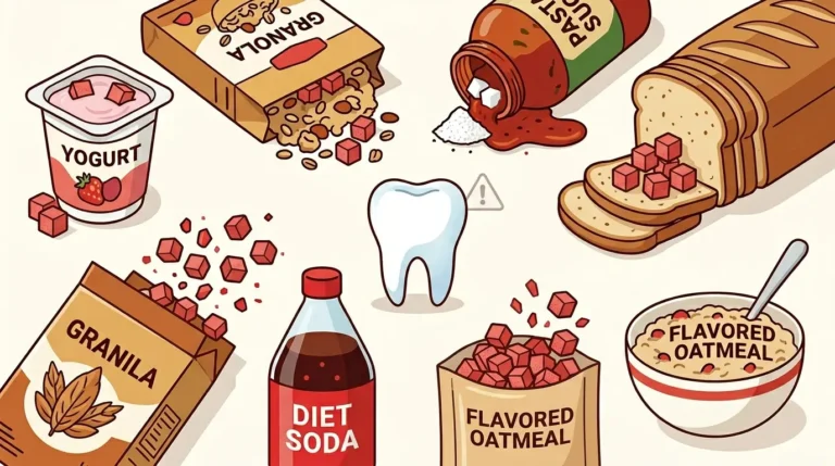 Illustration of everyday foods including yogurt, granola, and pasta sauce with hidden sugar crystals spilling out, surrounding a white tooth with a warning symbol