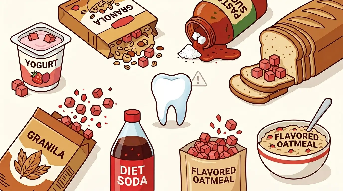 Illustration of everyday foods including yogurt, granola, and pasta sauce with hidden sugar crystals spilling out, surrounding a white tooth with a warning symbol