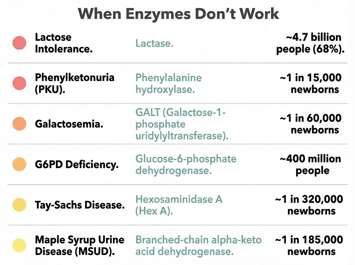 Infographic showing six common enzyme deficiency conditions with the missing enzyme name and number of people affected worldwide