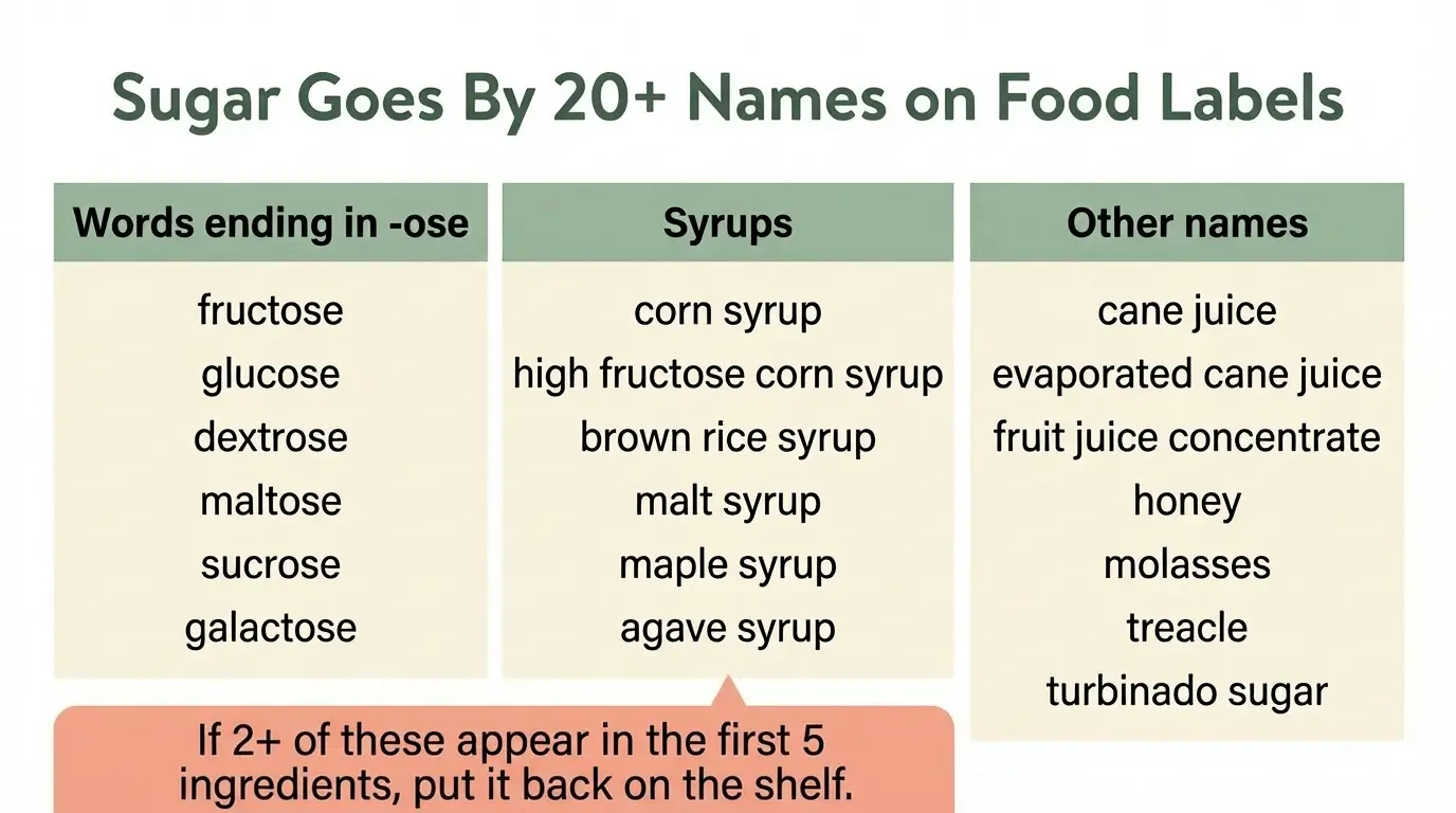 Cheat sheet infographic listing over 20 names for sugar on food labels organized by type, including words ending in ose, syrups, and other aliases
