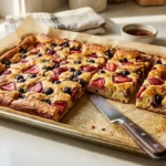 Sheet pan pancakes baked on parchment-lined baking sheet with sliced strawberries and blueberries, partially sliced into rectangular servings
