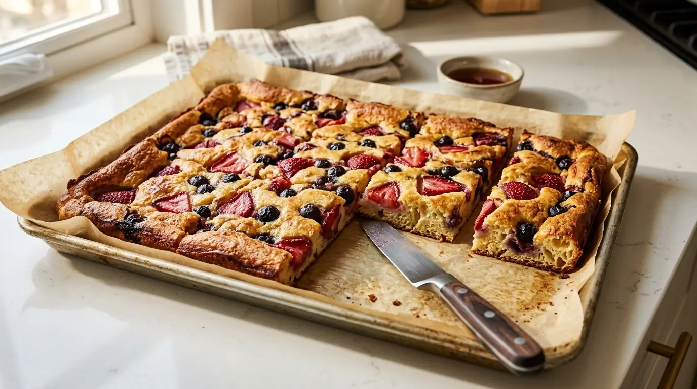 Sheet pan pancakes baked on parchment-lined baking sheet with sliced strawberries and blueberries, partially sliced into rectangular servings