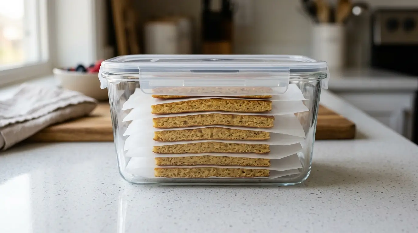 Sheet pancake slices stacked in clear airtight container with parchment paper separating each layer for refrigerator storage