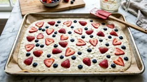Raw pancake batter spread evenly to half inch thickness on parchment paper with strawberries and blueberries pressed into surface
