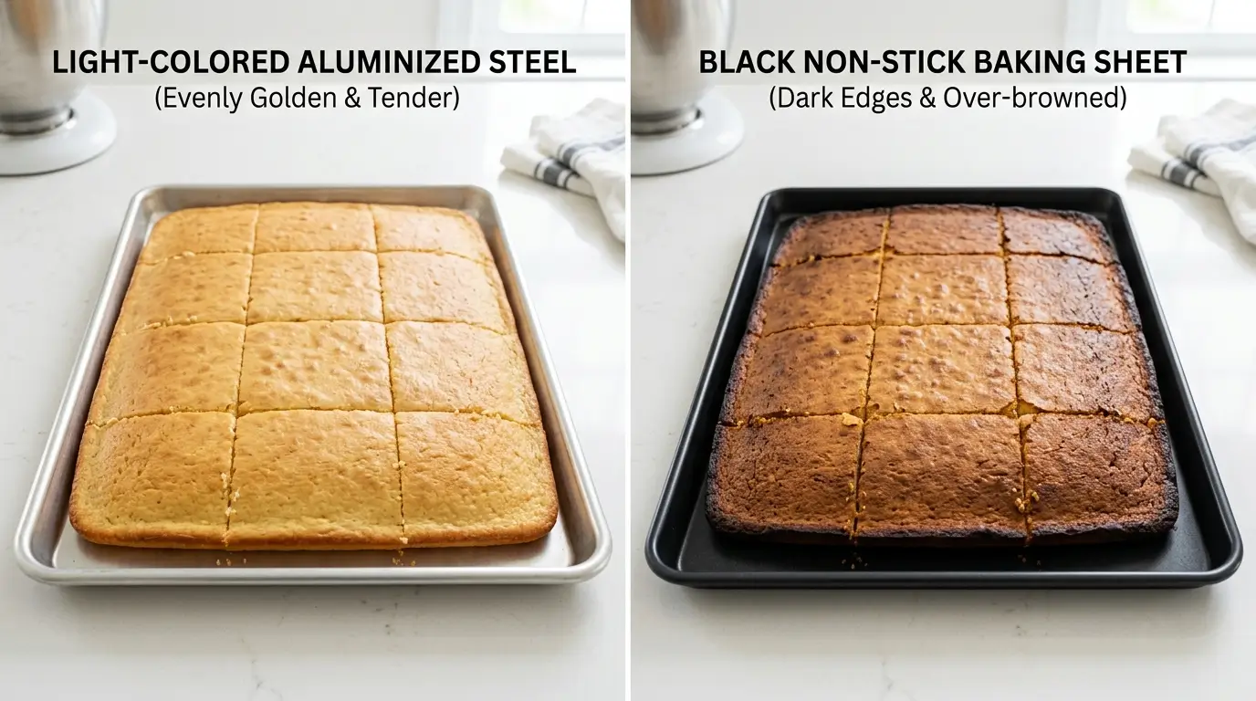 Comparison of evenly baked pancakes on light aluminum pan versus over-browned edges on dark nonstick pan