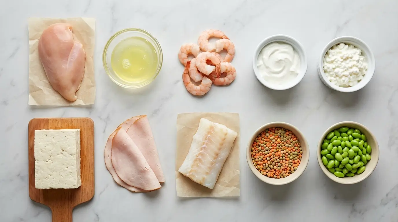 Flat lay of ten high protein low calorie ingredients including chicken breast, shrimp, Greek yogurt, tofu, cod, lentils, and edamame on a marble surface
