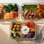 Three meal prep containers on a kitchen counter filled with high protein low calorie meals including grilled chicken, salmon, fajitas, tofu bowl, and Greek chicken bowl