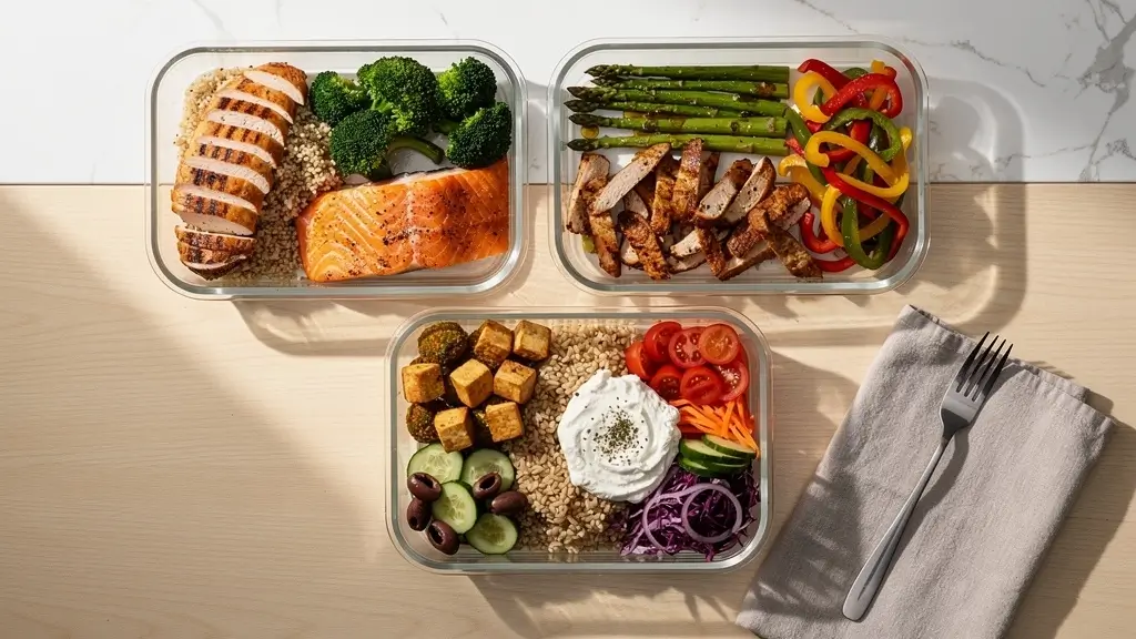 Three meal prep containers on a kitchen counter filled with high protein low calorie meals including grilled chicken, salmon, fajitas, tofu bowl, and Greek chicken bowl