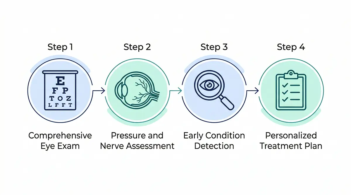 Four step diagnostic process showing comprehensive eye exam, pressure assessment, early detection, and personalized treatment plan