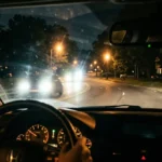 Driver's view through a windshield at night showing blurry headlight glare and halos on a suburban road