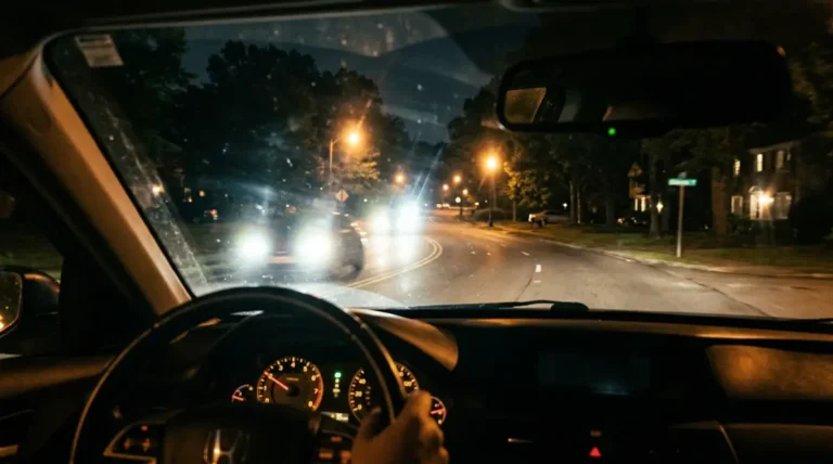 Driver's view through a windshield at night showing blurry headlight glare and halos on a suburban road