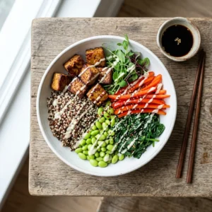 High-Leucine Tempeh Power Bowl with quinoa, edamame, and tahini drizzle - 35g protein vegetarian meal