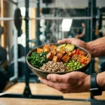 Athlete holding high-protein vegetarian meal bowl in gym setting with supplements visible
