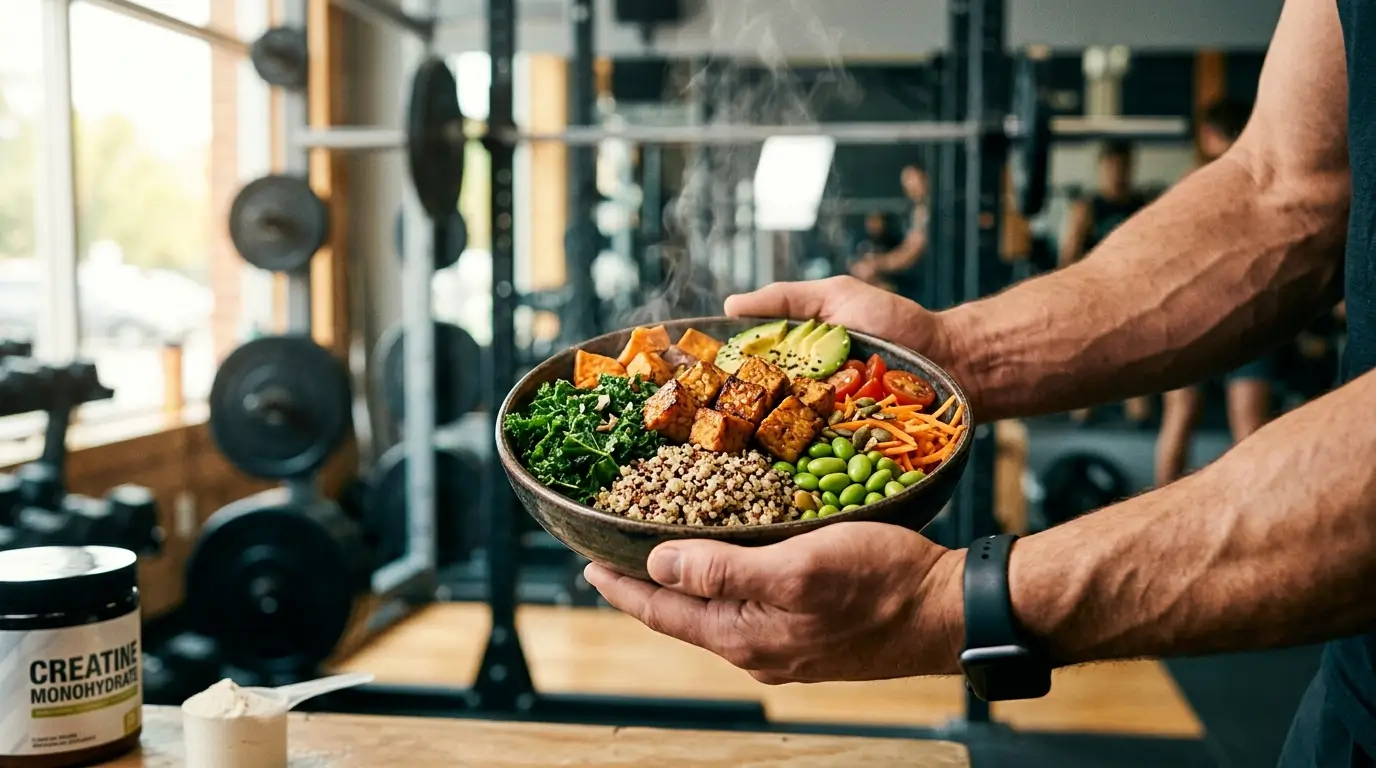 Athlete holding high-protein vegetarian meal bowl in gym setting with supplements visible