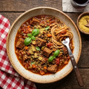 Serving slow-cooker lentil and seitan bolognese from crockpot with steam and fresh ingredients