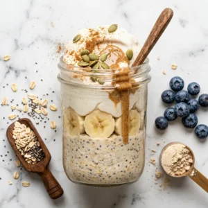 Layered protein overnight oats in mason jar with chia seeds, banana, soy yogurt, and pumpkin seeds - 28g protein breakfast