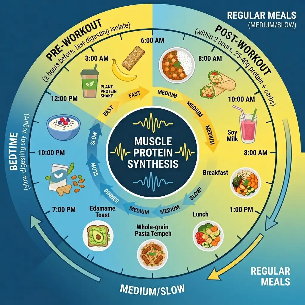 24-hour meal timing clock for vegetarian athletes showing pre-workout, post-workout, and bedtime nutrition windows