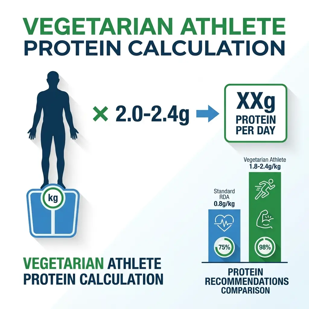Vegetarian protein calculation formula infographic showing how to calculate daily protein needs based on body weight with digestibility adjustments