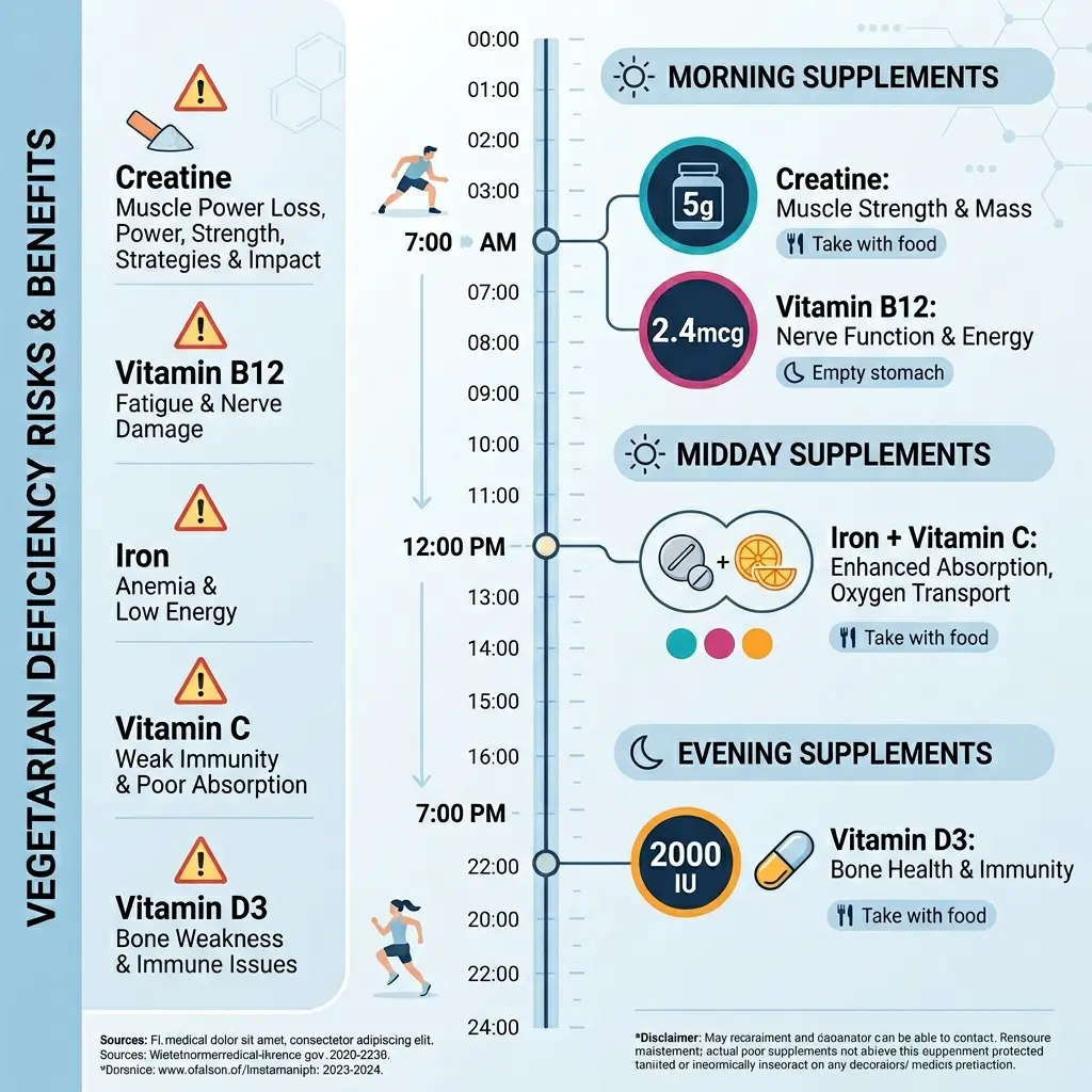 Daily supplement schedule timeline for vegetarian bodybuilders showing when to take creatine, B12, iron, and vitamin D