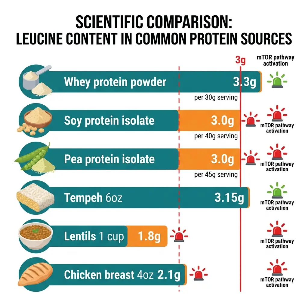 Leucine content comparison chart showing plant proteins versus whey protein with 3 gram muscle synthesis threshold line