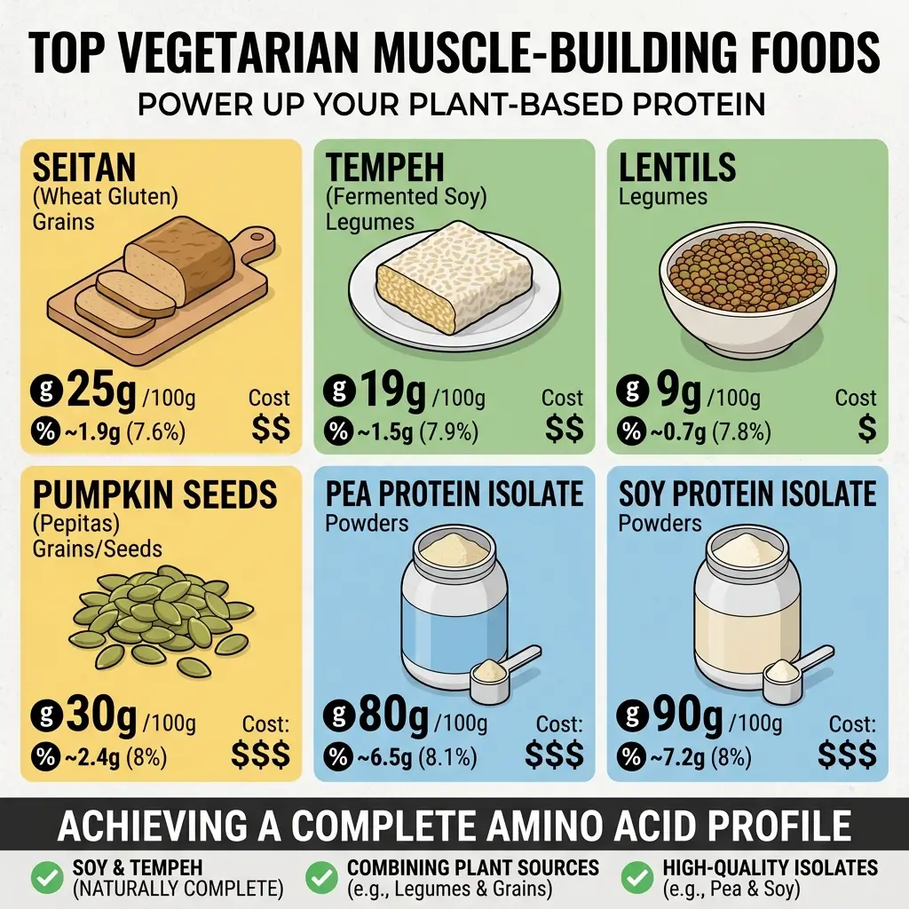 Infographic comparing the six best plant-based protein sources for muscle building with protein content per 100 grams