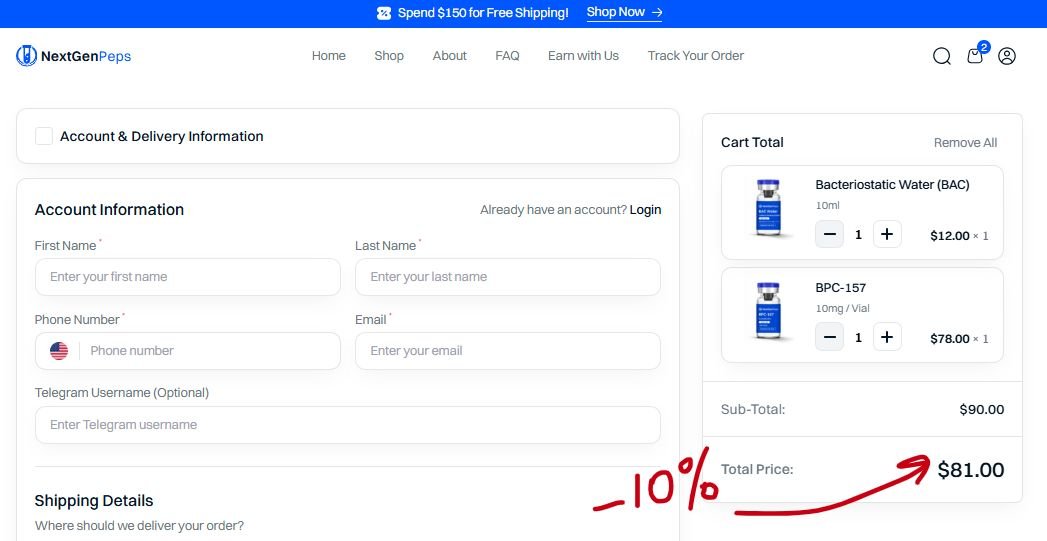 Screenshot from NextGenPeps showing the discount code applied and saved 10% from the order.