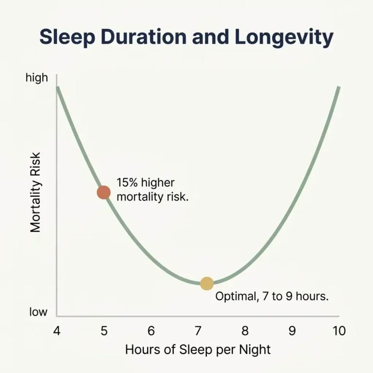 U-shaped curve showing optimal sleep duration of 7 to 9 hours for lowest mortality risk