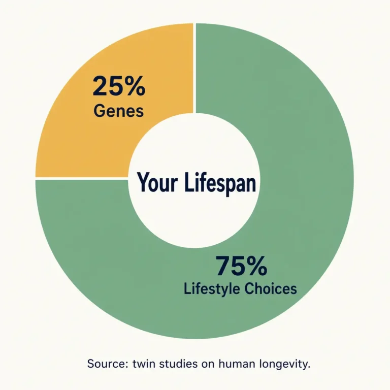 Pie chart showing 25% of lifespan determined by genes and 75% by lifestyle choices