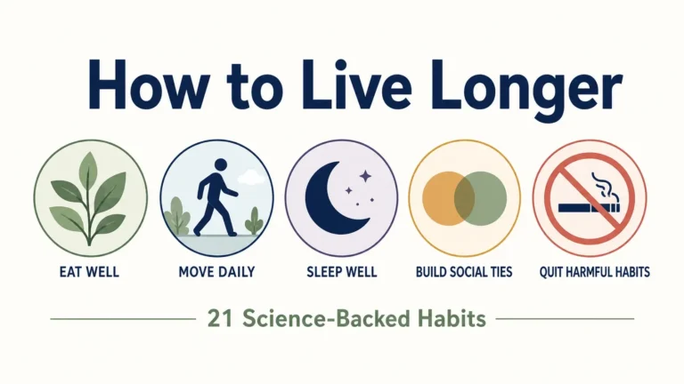 How to live longer, 21 science-backed habits across five pillars infographic