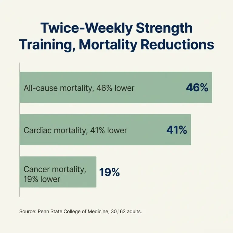 Bar chart showing 46% lower all-cause mortality from twice-weekly strength training