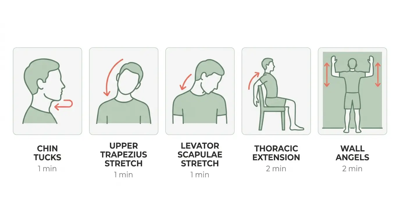 Five-panel illustration showing the chin tuck, upper trap stretch, levator scapulae stretch, thoracic extension, and wall angel exercises
