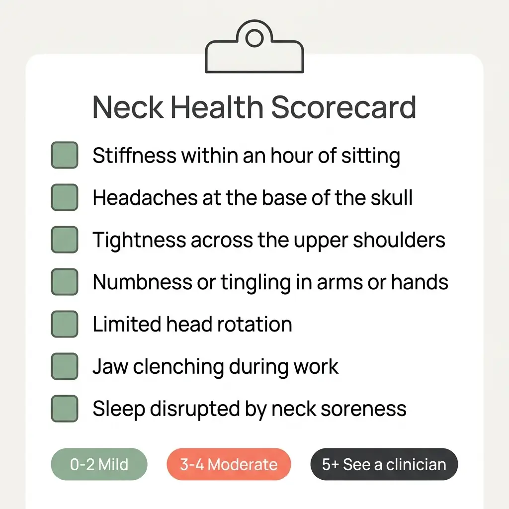 Self-assessment checklist with seven symptoms of tech neck and stress tension and a three-tier scoring guide
