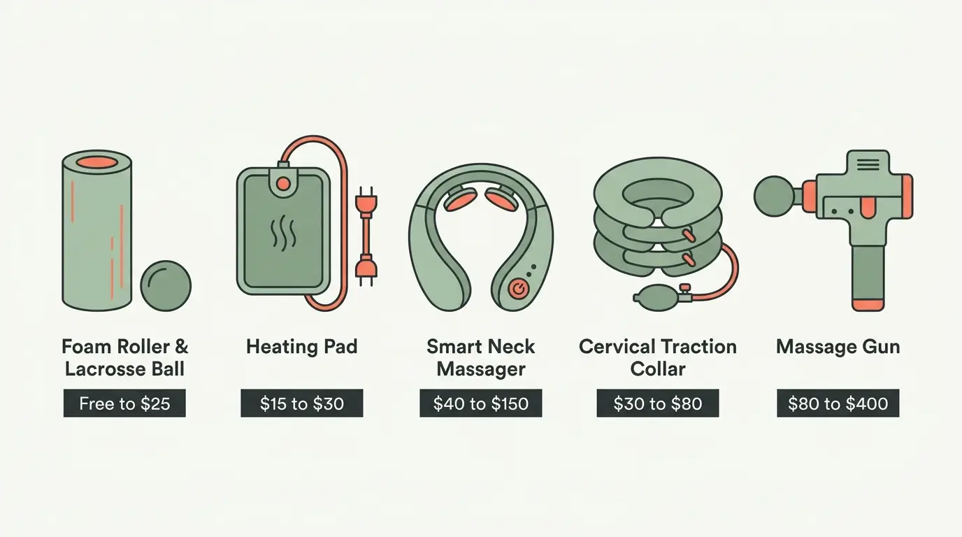 Lineup of five at-home neck pain recovery tools including foam roller, heating pad, smart neck massager, traction collar, and massage gun with price ranges
