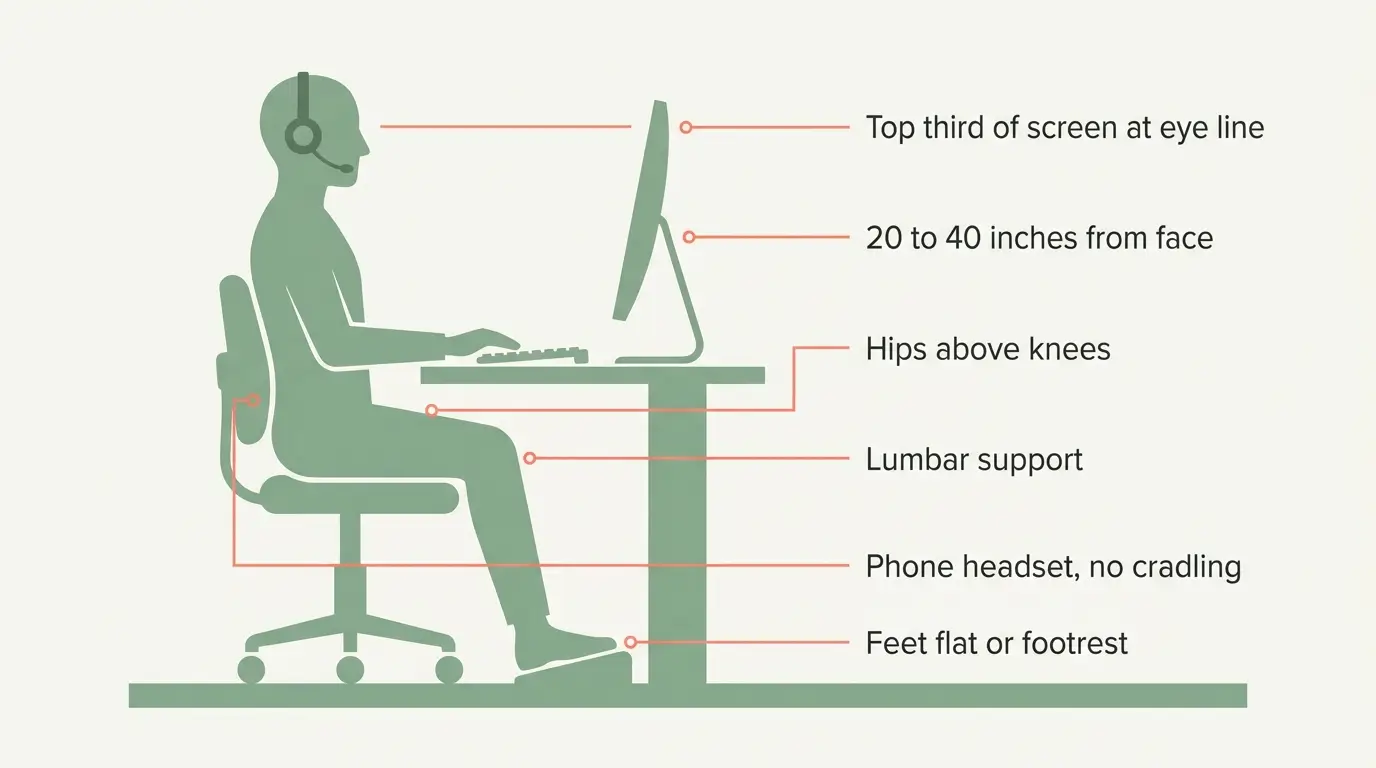 Side-view ergonomic desk setup showing correct monitor height, chair position, and viewing distance for neck pain prevention