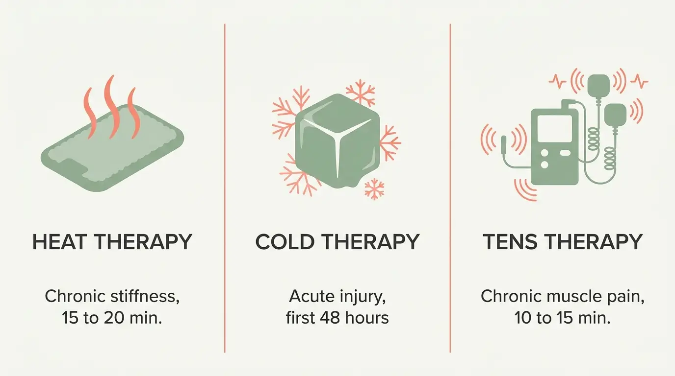 Three-panel comparison of heat therapy, cold therapy, and TENS therapy with use cases and session times