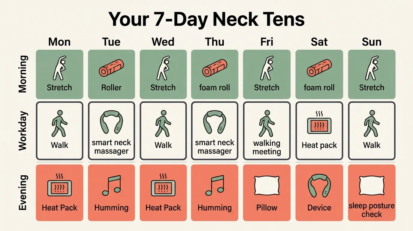Seven-day schedule infographic showing morning, workday, and evening activities for neck tension relief across one week