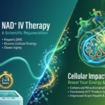 Editorial split-scene illustration comparing NAD+ IV therapy on the left with daily oral NMN capsules on the right, joined by a glowing molecular conversion bridge in the center, showing the 2026 evidence on cost, dosing, and FDA status.