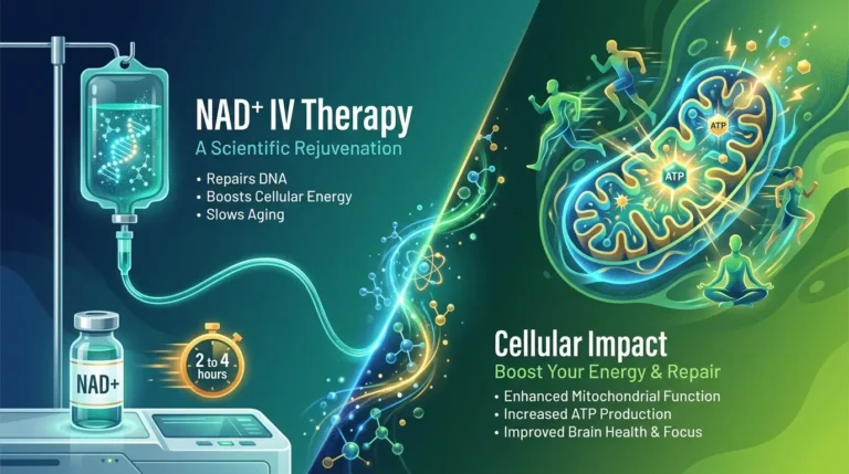 Editorial split-scene illustration comparing NAD+ IV therapy on the left with daily oral NMN capsules on the right, joined by a glowing molecular conversion bridge in the center, showing the 2026 evidence on cost, dosing, and FDA status.
