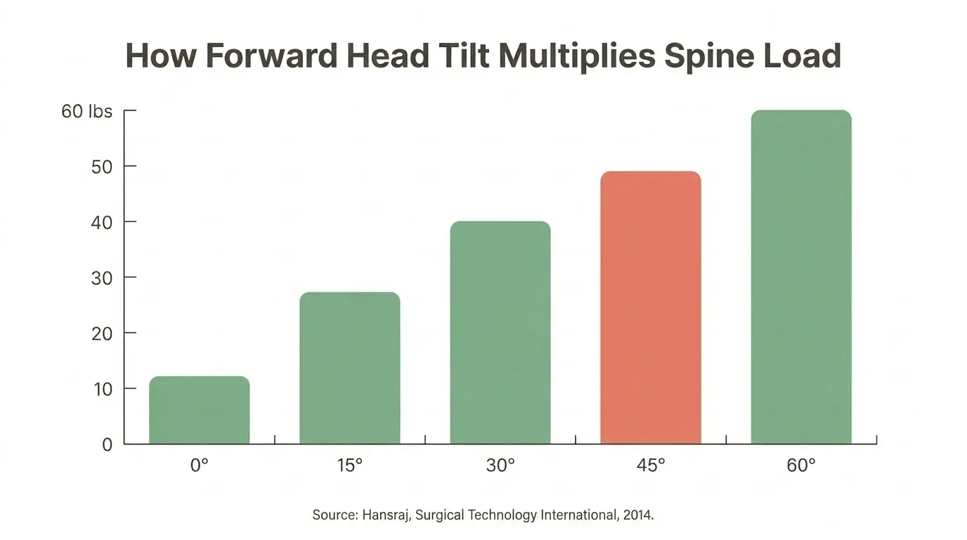 Bar chart showing cervical spine load increases from 12 pounds at neutral posture to 60 pounds at 60 degrees of forward head tilt