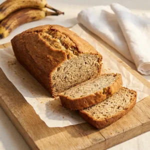 Whole super moist banana bread loaf with two slices cut on parchment paper and oak board