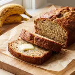 Sliced super moist banana bread loaf on parchment paper with melting butter pat and overripe bananas