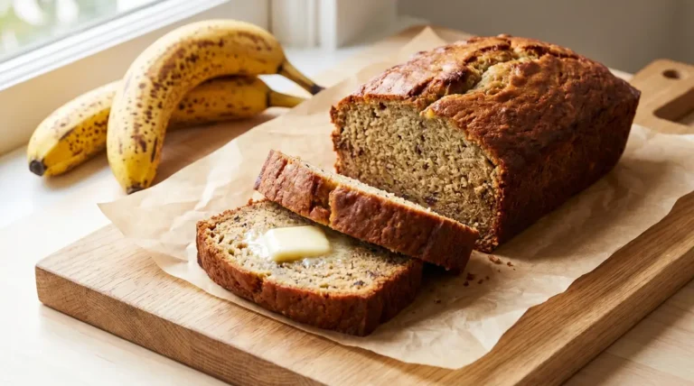 Sliced super moist banana bread loaf on parchment paper with melting butter pat and overripe bananas