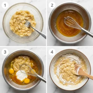 Banana bread mixing steps in a 4-panel grid showing mashed bananas, wet ingredients, batter, and folding