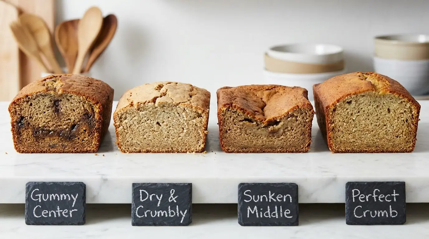 Banana bread troubleshooting comparison showing gummy center, dry crumbly, sunken middle, and perfect crumb