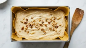 Banana bread batter in a 9x5 metal loaf pan topped with chopped walnuts ready to bake