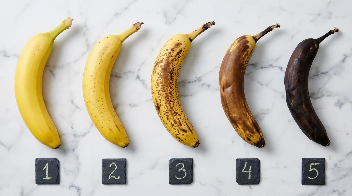 Five bananas at different ripeness stages from yellow to black for banana bread comparison chart