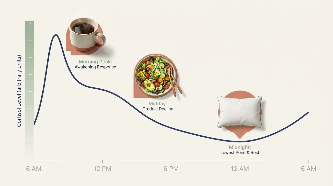 Chart showing the normal 24-hour cortisol rhythm peaking after wake and dropping through the night