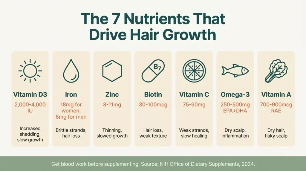 Infographic showing the 7 nutrients that move hair growth, including vitamin D3, iron, zinc, biotin, vitamin C, omega-3, and vitamin A with clinical doses and deficiency signs
